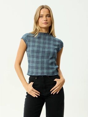 Afends Seersucker Wren Cap-Sleeve Knit Top in Blue